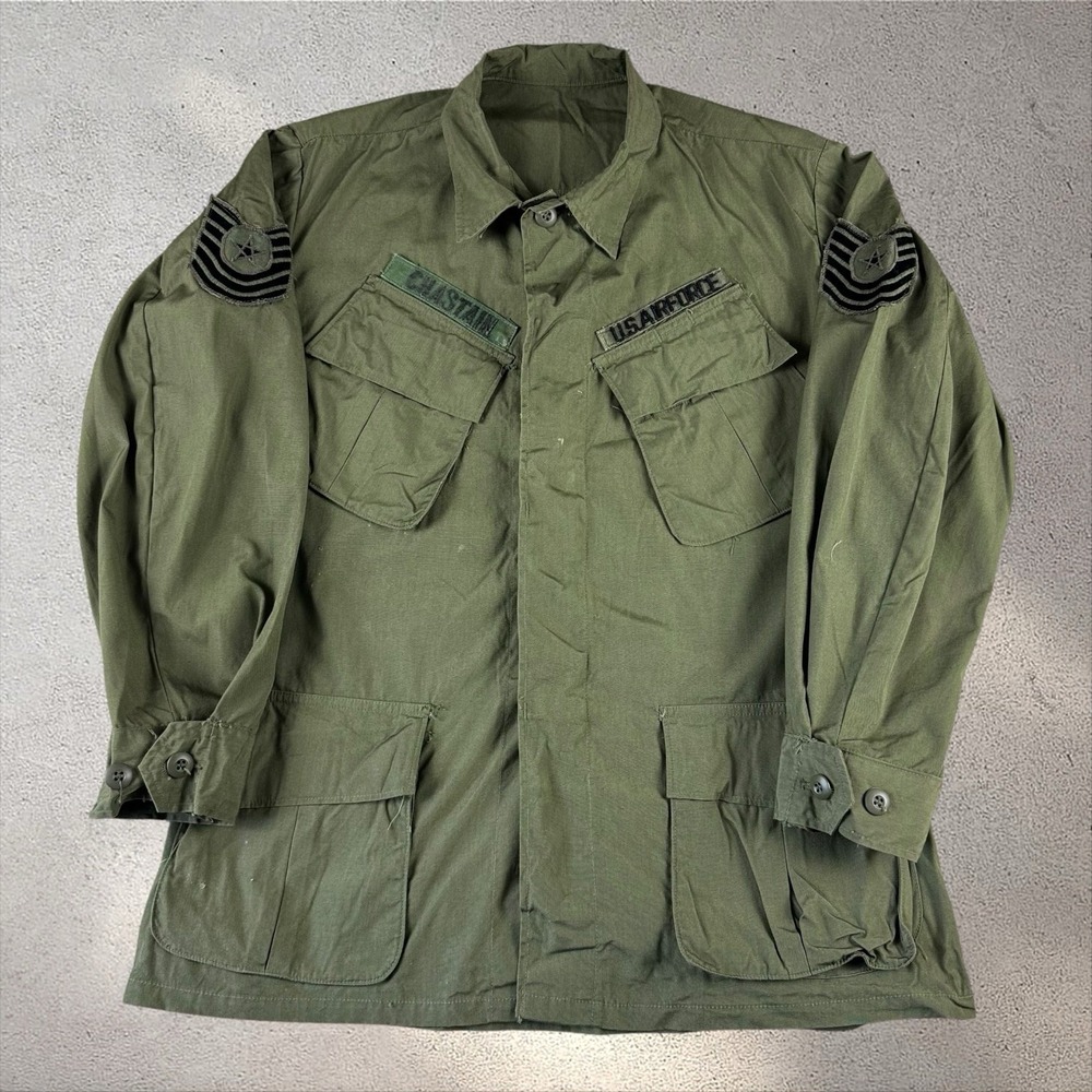 VTG 60s Slant Pocket Jungle Jacket Vietnam USAF Air Force Named Fits Large 22x31
